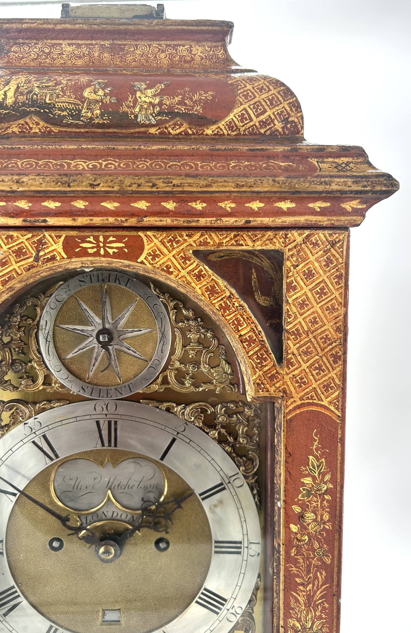 Outstanding Red Chinoiserie English Verge Twin Fusee Bracket Clock – Ca 1760 twin fusee Antique Clocks 7